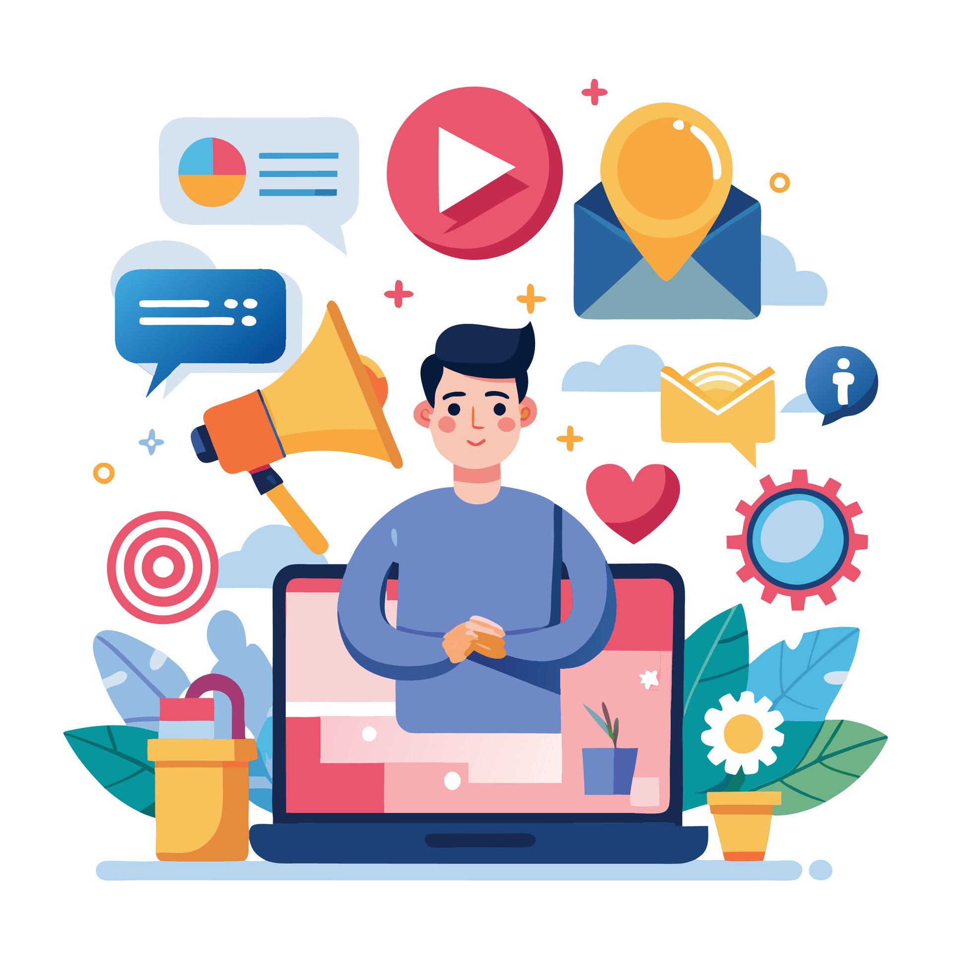 vecteezy a man is sitting on a laptop with social icons around him 55300679